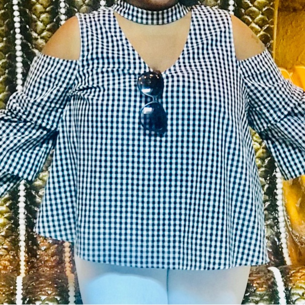 Women’s cut out long sleeve gingham print top Sz3XL